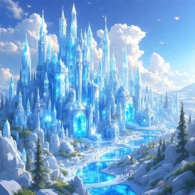 The primary subject of the image is a large, blue, frozen castle with a river flowing through it. The setting is a snowy landscape, and the visual style appears to be a digital art or illustration. The dominant colors are blue and white, creating a cold and icy atmosphere.